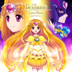 Rule 34 | 10s, 1girl, bow, brooch, bubble skirt, character name, choker, circlet, copyright name, cure muse, cure muse (black), cure muse (yellow), dodory, dual persona, hair ribbon, heart, jewelry, long hair, magical girl, mask, miniskirt, multiple persona, musical note, orange hair, precure, purple eyes, ribbon, sekken kasu barrier, shirabe ako, skirt, sparkle, spoilers, suite precure, tiry, twintails, yellow bow, yellow skirt