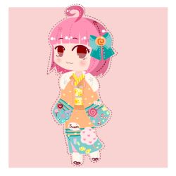 Rule 34 | 1girl, :3, ahoge, blue bow, blue kimono, blunt bangs, border, bow, brown eyes, candy print, check copyright, closed mouth, colored eyelashes, commentary, copyright request, cut-here line, english text, full body, fur trim, geta, hair bow, heart, heart print, japanese clothes, kimono, kotomine kokoro, light blush, lollipop hair ornament, long sleeves, looking at viewer, obi, orange kimono, original, paw print, paw print pattern, pink background, pink hair, red footwear, sash, short hair, sleeves past wrists, smile, socks, solo, speech bubble, symbol-only commentary, tabi, two-tone kimono, white border, white socks, yellow sash