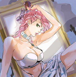 Rule 34 | 1girl, arm behind head, arm up, artist name, bare shoulders, breasts, choker, cleavage, commentary, dutch angle, green eyes, gun, holding, holding gun, holding weapon, jojo no kimyou na bouken, looking at viewer, medium breasts, midriff, nail polish, parted lips, picture frame, pink hair, pink lips, pink nails, short hair, signature, skirt, solo, strapless, trish una, tube top, vento aureo, weapon, white skirt, zzyzzyy