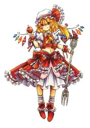 Rule 34 | 1girl, blonde hair, collared shirt, flandre scarlet, food, fork, fruit, hat, high heels, highres, holding, holding food, holding fork, holding fruit, marker (medium), misosiru 0224, pumps, red eyes, red skirt, red vest, ribbon, shirt, side ponytail, skirt, solo, tongue, tongue out, touhou, traditional media, vest, white hat, wings