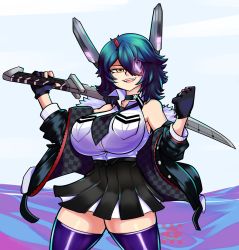 Rule 34 | 1girl, bare shoulders, black gloves, blue background, blue hair, breasts, choker, collarbone, cowboy shot, eyepatch, fangs, fingerless gloves, fur collar, gloves, grin, hair ornament, highres, jacket, joeydrawss, kantai collection, katana, large breasts, looking at viewer, messy hair, necktie, off shoulder, one eye covered, pleated skirt, purple thighhighs, short hair, skirt, sleeveless, smile, solo, sword, teeth, tenryuu (kancolle), thighhighs, thighs, upper teeth only, weapon, yellow eyes