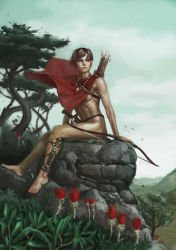 Rule 34 | 1girl, abs, amazon warrior, arrow (projectile), barefoot, bow (weapon), cape, convenient censoring, feet, flower, forest, jewelry, knife, muscular, naked cape, nature, necklace, nude, nudist, original, quiver, rock, short hair, short sword, sitting, sitting on rock, sky, solo, sword, tan, tribal, warrior, weapon