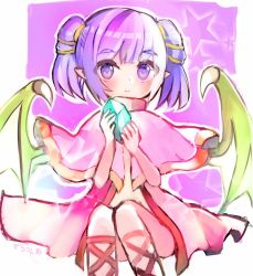 Rule 34 | 1girl, bad id, bad twitter id, dragon wings, dragonstone, fire emblem, fire emblem: the sacred stones, gem, holding, looking at viewer, multi-tied hair, myrrh (fire emblem), nintendo, purple eyes, purple hair, sandals, smile, solo, twintails, wings