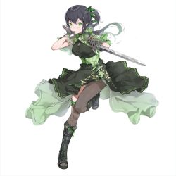 Rule 34 | 1girl, bad id, bad pixiv id, biting, black footwear, black hair, black thighhighs, blush, bodhi wushushenghua, boots, bow, bracelet, breasts, chinese commentary, commentary request, dress, full body, glove biting, gloves, green bow, green dress, green eyes, green sash, green theme, hair between eyes, hair ornament, holding, holding sword, holding weapon, jewelry, leg up, long hair, looking at viewer, original, pleated dress, ponytail, reverse grip, sash, short sleeves, single fishnet legwear, solo, sword, thighhighs, v-shaped eyebrows, weapon, white background