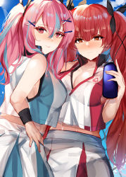 Rule 34 | 2girls, :p, adapted costume, alternate costume, azur lane, bare shoulders, black ribbon, blue background, blush, bottle, bow, braid, breasts, bremerton (azur lane), bremerton (azur lane) (cosplay), bremerton (scorching-hot training) (azur lane), chain-link fence, cleavage, closed mouth, collarbone, collared shirt, commentary request, cosplay, cowboy shot, crop top, crop top overhang, fence, frown, green shirt, green skirt, grey hair, hair between eyes, hair bow, hair intakes, hair ornament, hair ribbon, hairclip, hand on own hip, highres, holding, holding bottle, honolulu (azur lane), large breasts, long hair, look-alike, looking at viewer, midriff, miyasaka miyabi, mole, mole under eye, multicolored hair, multiple girls, nail polish, nose blush, partial commentary, pink eyes, pink hair, pink nails, profile, red eyes, red hair, red shirt, red skirt, revision, ribbon, shirt, sidelocks, skirt, sleeveless, sleeveless shirt, smile, sportswear, standing, streaked hair, sweat, tennis uniform, tongue, tongue out, twintails, two-tone hair, two-tone shirt, two-tone skirt, water bottle, white shirt, white skirt, wristband, x hair ornament