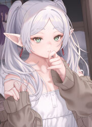 Rule 34 | 2girls, absurdres, brown sweater, earrings, elf, fern (sousou no frieren), fingernails, frieren, green eyes, highres, indoors, jewelry, long hair, looking at viewer, multiple girls, parted lips, pointy ears, purple hair, sousou no frieren, sweater, twintails, white hair, zhaofeng yinyue