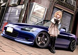 Rule 34 | 1girl, 3books, absurdres, air conditioner, arcueid brunestud, black bow, black footwear, blonde hair, boots, bow, brown skirt, capelet, car, commentary request, convertible, cowlick, grey capelet, head tilt, highres, honda, honda s2000, medium hair, motor vehicle, open mouth, partial commentary, red eyes, skirt, smile, solo, sports car, thigh boots, tsukihime, vehicle focus, vending machine