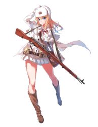 Rule 34 | 1girl, belt, belt pouch, blonde hair, blue eyes, blush, bolt action, boots, brown footwear, cape, commentary request, dress shirt, full body, fur hat, fur trim, girls&#039; frontline, gloves, gun, hand on own head, hat, highres, knee boots, long sleeves, looking at viewer, mosin-nagant, mosin-nagant (girls&#039; frontline), nightmaremk2, official art, pouch, rifle, russia, shirt, skirt, smile, solo, soviet, standing, star (symbol), transparent background, ushanka, weapon, white gloves, white skirt, wood