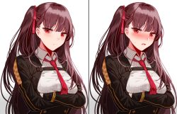 Rule 34 | 1girl, blazer, blush, braid, breasts, buttons, closed mouth, collared shirt, crossed arms, double-breasted, embarrassed, framed breasts, french braid, girls&#039; frontline, gloves, hair ribbon, half updo, high-waist skirt, jacket, large breasts, long hair, looking at viewer, multiple views, necktie, one side up, open mouth, purple hair, red eyes, red neckwear, red ribbon, ribbon, shirt, sidelocks, silence girl, simple background, skirt, strap, striped clothes, striped shirt, sweatdrop, tsurime, upper body, very long hair, wa2000 (girls&#039; frontline), white background