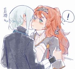 Rule 34 | !, 2girls, black coat, blue hair, blush, braid, bright pupils, checkered hairband, chinese commentary, coat, commentary request, green eyes, grey sleeves, hair bun, hand on another&#039;s shoulder, high collar, highres, kiss, kissing cheek, long hair, long sleeves, multiple girls, orange hair, reverse:1999, side braid, simple background, sonetto (reverse:1999), spoken exclamation mark, translation request, upper body, vertin (reverse:1999), white background, white pupils, xiao lu, yuri