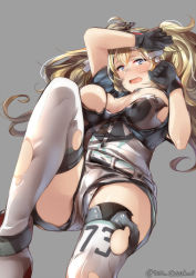 Rule 34 | 1girl, bad id, bad pixiv id, belt, black gloves, blonde hair, blue eyes, blush, boots, breasts, commentary request, gambier bay (kancolle), gloves, grey background, juurouta, kantai collection, large breasts, long hair, looking at viewer, lying, on back, open mouth, shirt, shorts, simple background, solo, thighhighs, torn clothes, torn shirt, torn shorts, torn thighhighs, twintails