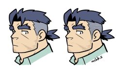 Rule 34 | 1boy, bara, beard stubble, blue hair, cropped head, dark blue hair, expressionless, facial hair, forked eyebrows, from side, gammei (live a hero), huge eyebrows, live a hero, looking at viewer, male focus, masa (mshk s), mature male, medium sideburns, sanpaku, sideburns, sideburns stubble, sideways glance, stubble, undercut