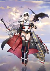 Rule 34 | 1girl, aircraft, airplane, azur lane, bald eagle, bare shoulders, belt, bird, black belt, black coat, black necktie, boots, bow, breasts, coat, collared shirt, eagle, enterprise (azur lane), full body, hat, highres, long hair, looking at viewer, medium breasts, military, military hat, miniskirt, necktie, off shoulder, open clothes, open coat, peaked cap, purple eyes, reflection, rigging, shirt, silver hair, skirt, sleeveless, sleeveless shirt, smile, solo, sony kisaragi, standing, thighhighs, thighhighs under boots, underbust, white hat