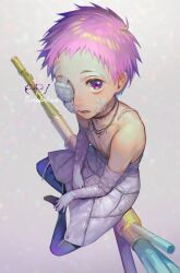 Rule 34 | 1boy, absurdres, bandaid, bandaid on cheek, bandaid on eye, bandaid on face, blue leggings, character request, child, copyright request, elbow gloves, expressionless, from above, full body, gloves, highres, leggings, male focus, panco, parted lips, pink hair, purple background, purple eyes, signature, sitting, skirt, solo, white gloves, white skirt