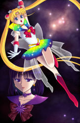 Rule 34 | 1990s (style), 2girls, alternate costume, bishoujo senshi sailor moon, bishoujo senshi sailor moon supers, black hair, blonde hair, blue eyes, blue sailor collar, boots, bow, brooch, choker, double bun, hair bun, heart, heart brooch, jewelry, knee boots, long hair, magical girl, multicolored clothes, multicolored skirt, multiple girls, purple eyes, red bow, retro artstyle, runrun, sailor, sailor collar, sailor moon, sailor saturn, sailor senshi, short hair, skirt, super sailor moon, tomoe hotaru, tsukino usagi, twintails