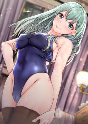 Rule 34 | 1girl, :p, aga marino, aqua eyes, bad id, bad twitter id, bare shoulders, blue one-piece swimsuit, blurry, blush, breasts, cameltoe, cleft of venus, closed mouth, competition swimsuit, covered erect nipples, covered navel, cowboy shot, crossed bangs, curtains, depth of field, green hair, hair between eyes, hair ornament, hairclip, highleg, highleg swimsuit, indoors, kantai collection, large breasts, long hair, looking at viewer, one-piece swimsuit, sideboob, sleeveless, solo, sparkle, standing, suzuya (kancolle), swimsuit, thighhighs, tongue, tongue out