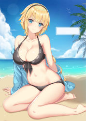 Rule 34 | 1girl, bad id, bad pixiv id, bare legs, bare shoulders, barefoot, beach, bikini, bird, black bikini, blonde hair, blue eyes, blue jacket, blue sky, blush, braid, breasts, cleavage, cloud, collarbone, commentary request, day, fate/grand order, fate (series), front-tie bikini top, front-tie top, groin, hair ornament, hairband, halterneck, highres, jacket, jeanne d&#039;arc (fate), jeanne d&#039;arc (ruler) (fate), jeanne d&#039;arc (swimsuit archer) (fate), jeanne d&#039;arc (swimsuit archer) (first ascension) (fate), large breasts, long hair, long sleeves, looking at viewer, navel, ocean, off shoulder, open clothes, open jacket, outdoors, palm tree, sand, seagull, seiza, single braid, sitting, skindentation, sky, smile, solo, swimsuit, tree, very long hair, water, yuzu-aki