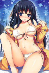 Rule 34 | 1girl, :d, bare legs, bare shoulders, barefoot, bikini, black hair, blue eyes, blue hair, blush, braid, breasts, buttons, collarbone, covered erect nipples, front-tie top, full-face blush, fur trim, hair ribbon, half updo, highres, jacket, large breasts, long hair, looking at viewer, matching hair/eyes, navel, off shoulder, open clothes, open jacket, open mouth, original, parted lips, perky breasts, ribbon, shiny skin, side-tie bikini bottom, sitting, skindentation, smile, snow, snowflakes, solo, string bikini, sweatdrop, swimsuit, tomose shunsaku, underboob, white bikini, yellow jacket