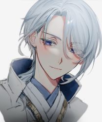 Rule 34 | 1boy, blue eyes, blue hair, blush, commentary request, cropped shoulders, genshin impact, grey background, hair between eyes, haruno ryo 1202, highres, japanese clothes, kamisato ayato, light blue hair, male focus, mole, mole under mouth, portrait, simple background, sketch, solo