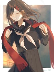 Rule 34 | 1girl, black sailor collar, black serafuku, black skirt, blurry, blurry background, border, brown hair, clenched hands, closed eyes, closed mouth, dusk, facing to the side, floating hair, fringe trim, hair ornament, hairclip, kagerou project, leaning to the side, long sleeves, neckerchief, outside border, overcast, pleated skirt, power lines, red scarf, sailor collar, scarf, school uniform, serafuku, shunu tabetai, skirt, sky, solo, swept bangs, tateyama ayano, utility pole, white border, white neckerchief, wind