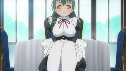 Rule 34 | 1girl, animated, animated gif, blush, bow, bow panties, braid, clothes lift, embarrassed, green hair, ladies versus butlers!, legs, lifting own clothes, light smile, long hair, looking at viewer, maid, panties, shikikagami sanae, skirt, skirt lift, skirt tug, smile, spread legs, takami akio, thighhighs, thighs, underwear, white panties, white thighhighs, yellow eyes