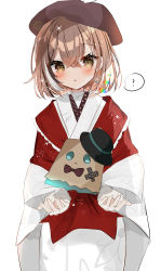 Rule 34 | 1girl, :o, absurdres, ahoge, alternate hairstyle, beret, blush, bow, bowtie, braid, brown eyes, brown hair, earrings, feathers, floral print, friend (nanashi mumei), frills, gloves, hat, highres, hololive, hololive english, japanese clothes, jewelry, kimono, lace, lace gloves, looking at viewer, multicolored hair, nanashi mumei, nanashi mumei (new year), official alternate costume, open hands, print kimono, rainbow gradient, red shawl, shawl, short hair, single earring, solo, sparkle, streaked hair, top hat, virtual youtuber, white kimono, yuzukiyuno (yunmu g)