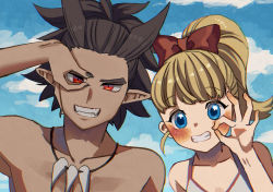 Rule 34 | 1boy, 1girl, bad id, bad pixiv id, black hair, blonde hair, blue eyes, blush, cloud, dark-skinned male, dark skin, dragon quest, dragon quest builders 2, female builder (dqb2), highres, long hair, looking at viewer, open mouth, pointy ears, red eyes, shousan (hno3syo), sidoh (dqb2), smile, spiked hair, swimsuit, topless male