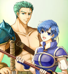 Rule 34 | 1boy, 1girl, :d, armor, blue eyes, blue gloves, blue hair, blue shirt, breastplate, collarbone, delsaber, dieck (fire emblem), fingerless gloves, fire emblem, fire emblem: the binding blade, gloves, gradient background, green background, green eyes, green hair, holding, holding polearm, holding weapon, looking at viewer, nintendo, open mouth, pauldrons, polearm, scar, scar across eye, scar on face, shanna (fire emblem), shirt, short hair, short sleeves, shoulder armor, smile, spiked hair, sword, weapon, white shirt, white sleeves