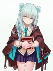 Rule 34 | 1girl, absurdres, animal ears, aqua eyes, aqua hair, aqua necktie, arknights, bear ears, black skirt, book, brown cardigan, brown jacket, cardigan, collared shirt, commentary request, covered mouth, cowboy shot, green hair, hair between eyes, hair ornament, head tilt, highres, holding, holding book, istina (arknights), jacket, jacket on shoulders, long sleeves, looking at viewer, monocle, necktie, no headwear, pleated skirt, russian text, shino duka, shirt, skirt, solo, star (symbol), star hair ornament, translated, white background, white shirt