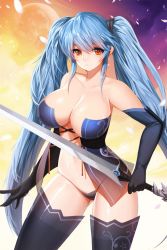 Rule 34 | 1girl, animated, animated gif, blue hair, bouncing breasts, breasts, cleavage, elbow gloves, gloves, large breasts, long hair, luthica preventer, orange eyes, snowball22, sword, sword girls, twintails, warrior, weapon