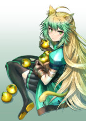 Rule 34 | 1girl, :i, ahoge, animal ears, apple, atalanta (fate), black footwear, black thighhighs, blonde hair, boots, braid, cat ears, dyed bangs, eating, fate/apocrypha, fate/grand order, fate (series), food, fruit, gloves, gradient hair, green eyes, green hair, haku (grimjin), highres, long hair, looking at viewer, matching hair/eyes, multicolored hair, pleated skirt, sitting, skirt, solo, thigh boots, thighhighs, two-tone hair, wariza