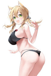 Rule 34 | 1girl, animal ear fluff, animal ears, ass, bare arms, bare legs, bare shoulders, bikini, black bikini, blonde hair, blush, breasts, cat ears, fang, green eyes, hair between eyes, highres, inuzumi masaki, kantai collection, large breasts, long hair, low twintails, open mouth, prinz eugen (kancolle), simple background, smile, solo, swimsuit, twintails, white background