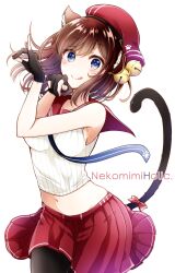 Rule 34 | 1girl, :p, animal ears, banjou azusa, bell, black tail, blue eyes, bow, brown hair, cat ears, cat girl, cat paw, cat tail, english text, gloves, hat, highres, jingle bell, looking at viewer, navel, neckerchief, original, pantyhose, partially fingerless gloves, pleated skirt, red hat, red neckerchief, red skirt, ribbed shirt, sailor collar, school uniform, serafuku, shirt, short hair, simple background, skirt, sleeveless, smile, solo, tail, tail bow, tail ornament, tongue, tongue out, white background