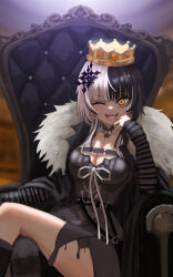 1girl ;d absurdres black_arm_warmers black_choker black_dress black_hair breasts choker cleavage crown dress failose grey_hair hair_ornament highres hololive hololive_english large_breasts looking_at_viewer multicolored_hair on_chair one_eye_closed open_mouth ribbon shiori_novella shiori_novella_(1st_costume) sitting smile solo split-color_hair striped_arm_warmers two-tone_hair virtual_youtuber white_ribbon yellow_eyes