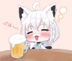 Rule 34 | 1girl, :d, = =, ahoge, alcohol, animal ear fluff, animal ears, beer, beer mug, blue neckwear, blush, braid, brown background, chibi, closed eyes, commentary request, cup, detached sleeves, drunk, ear piercing, foam mustache, fox ears, hair between eyes, highres, holding, holding cup, hololive, long sleeves, mug, open mouth, piercing, rururaroru, shirakami fubuki, shirakami fubuki (1st costume), simple background, smile, solo, virtual youtuber, white hair, white sleeves, wide sleeves