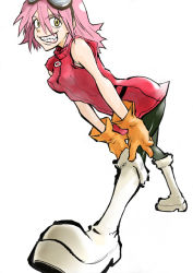Rule 34 | 00s, 1girl, boots, flcl, gloves, goggles, goggles on head, grin, haruhara haruko, pink hair, simple background, smile, solo, yellow eyes