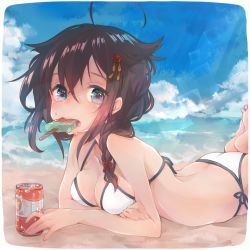 Rule 34 | 10s, 1girl, ahoge, arm support, ass, barefoot, beach, bikini, black hair, blue eyes, blue sky, braid, breasts, can, cleavage, cloud, cointreau, day, eating, food, hair between eyes, hair flaps, hair ornament, hair over shoulder, hairpin, highres, kantai collection, legs up, lens flare, long hair, looking at viewer, lying, medium breasts, messy hair, mouth hold, ocean, on stomach, outdoors, popsicle, shigure (kancolle), shigure kai ni (kancolle), side-tie bikini bottom, single braid, sky, solo, string bikini, sunlight, swimsuit, twitter username, watermelon bar, white bikini