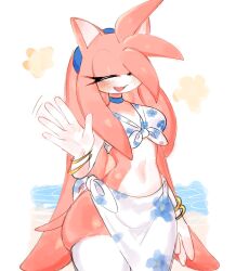 Rule 34 | 1girl, amy rose, bikini, blue choker, blue headband, blush, breasts, choker, closed eyes, furry, furry female, gloves, headband, hedgehog ears, hedgehog girl, hedgehog tail, highres, jewelry, long hair, medium breasts, midriff, navel, pink fur, pink hair, quill, ring, smile, sonic (series), spiked hair, swimsuit, thighhighs, usa37107692, very long hair, waving, white gloves, white thighhighs