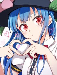 Rule 34 | 1girl, black headwear, blue hair, center frills, frills, heart, heart hands, hinanawi tenshi, long hair, looking at viewer, mikagami hiyori, puffy short sleeves, puffy sleeves, red eyes, short sleeves, simple background, solo, touhou, upper body, white background