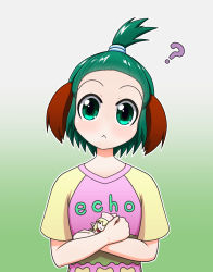 Rule 34 | 1girl, :&lt;, ?, alternate costume, alternate hairstyle, animal ears, arms up, character doll, clothes writing, commentary request, crossed arms, doll, english text, expressionless, forehead, gradient background, green background, green eyes, green hair, hair up, head tilt, highres, holding, holding doll, kasodani kyouko, lily white, looking at viewer, multicolored clothes, rakugaki-biyori, shirt, short hair, short sleeves, simple background, solo, standing, t-shirt, topknot, touhou