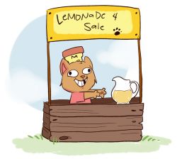 Rule 34 | 1boy, burgerpants, cat, cross-eyed, english text, food stand, grass, hat, lemonade, missing tooth, monster boy, mudkipful, paw print, sign, undertale, aged down
