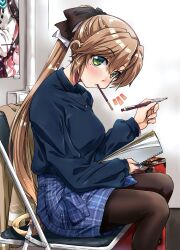 Rule 34 | 1girl, akigumo (kancolle), akigumo kai ni (kancolle), black pantyhose, blue skirt, blue sweater, brown hair, chair, commentary request, food, green eyes, hair ribbon, highres, kantai collection, long hair, mechanical pencil, mole, mole under eye, mouth hold, naganami (kancolle), naganami kai ni (kancolle), pantyhose, pencil, plaid, plaid skirt, pocky, ponytail, ribbon, sitting, sketchbook, skirt, solo, sweater, takana shinno, unmoving pattern