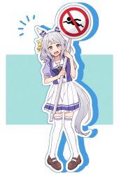 Rule 34 | 1girl, animal ears, blush, breasts, collarbone, commentary request, full body, green eyes, grey hair, hair between eyes, highres, hishi miracle (umamusume), holding, holding sign, horse ears, horse tail, looking at viewer, medium breasts, nm222hz, open mouth, road sign, school uniform, sign, simple background, solo, tail, thighhighs, tracen school uniform, twitter username, umamusume