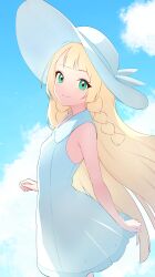 Rule 34 | 1girl, absurdres, blonde hair, blunt bangs, braid, closed mouth, cloud, collared dress, commentary request, creatures (company), day, dress, eyelashes, from side, game freak, green eyes, hat, hat ribbon, highres, lillie (pokemon), long hair, nintendo, outdoors, pokemon, pokemon sm, ribbon, ryokuchabushi, sky, sleeveless, sleeveless dress, smile, solo, split mouth, sun hat, twin braids, white dress, white hat