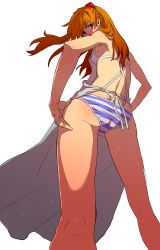 Rule 34 | 00s, 1girl, apron, armpits, ass, back, bandages, bandaid, bandaid on hand, bare shoulders, blue eyes, blue panties, blush, bra, breasts, embarrassed, evangelion: 2.0 you can (not) advance, floating hair, foreshortening, from behind, from below, hair ornament, hair over shoulder, hands on own hips, head tilt, kneepits, legs, legs apart, lingerie, long hair, looking at viewer, looking back, nearly naked apron, neon genesis evangelion, nose blush, orange hair, panties, perspective, rebuild of evangelion, red hair, simple background, small breasts, solo, souryuu asuka langley, standing, striped clothes, striped panties, twintails, two side up, underwear, white apron, white background, white bra, white panties, yoshimura ken&#039;ichirou, yosshii