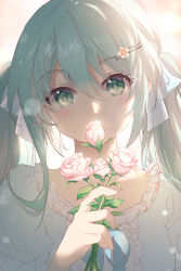 Rule 34 | 1girl, aqua hair, backlighting, blue bow, blush, bow, center frills, commentary request, covering own mouth, flower, frills, green eyes, hair bow, hair flower, hair ornament, hairclip, hatsune miku, head tilt, highres, holding, holding flower, jokanhiyou, lens flare, long hair, looking at viewer, pink flower, pink rose, portrait, rose, solo, twintails, vocaloid