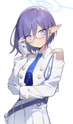 Rule 34 | 1girl, :o, aoi (blue archive), belt, bespectacled, blue archive, blue necktie, blush, breasts, earclip, glasses, gloves, hakasesuitchi, halo, highres, jacket, long sleeves, looking at viewer, loose belt, medium breasts, mole, mole under eye, necktie, pleated skirt, pointy ears, purple hair, rimless eyewear, simple background, skirt, solo, sweatdrop, white background, white gloves, white jacket, white skirt