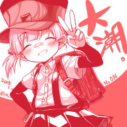 Rule 34 | 10s, 1girl, 2015, bandaid, bandaid on face, bandaid on nose, blush, character name, dated, dress shirt, grin, hair ornament, hat, kantai collection, monochrome, ooshio (kancolle), pleated skirt, red theme, richou (zerozero1101), shirt, short hair, short sleeves, short twintails, skirt, smile, solo, suspenders, twintails, twitter username, upper body, v