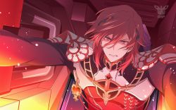 Rule 34 | 1boy, anime coloring, black sleeves, clenched teeth, cockpit, code geass, fake screenshot, granblue fantasy, hair down, logo, male focus, neon trim, parody, percival (granblue fantasy), pilot suit, red eyes, red hair, solo, sweat, teeth, upper body