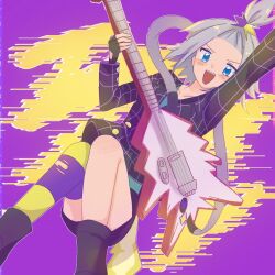 Rule 34 | 1girl, blue eyes, boots, collarbone, creatures (company), fingerless gloves, game freak, gloves, guitar, highres, holding, holding guitar, holding instrument, instrument, kuritiizu, looking at viewer, nintendo, official alternate costume, open mouth, pokemon, pokemon masters ex, purple background, roxie (pokemon), roxie (sygna suit) (pokemon), solo, topknot, two-tone background, white hair, yellow background